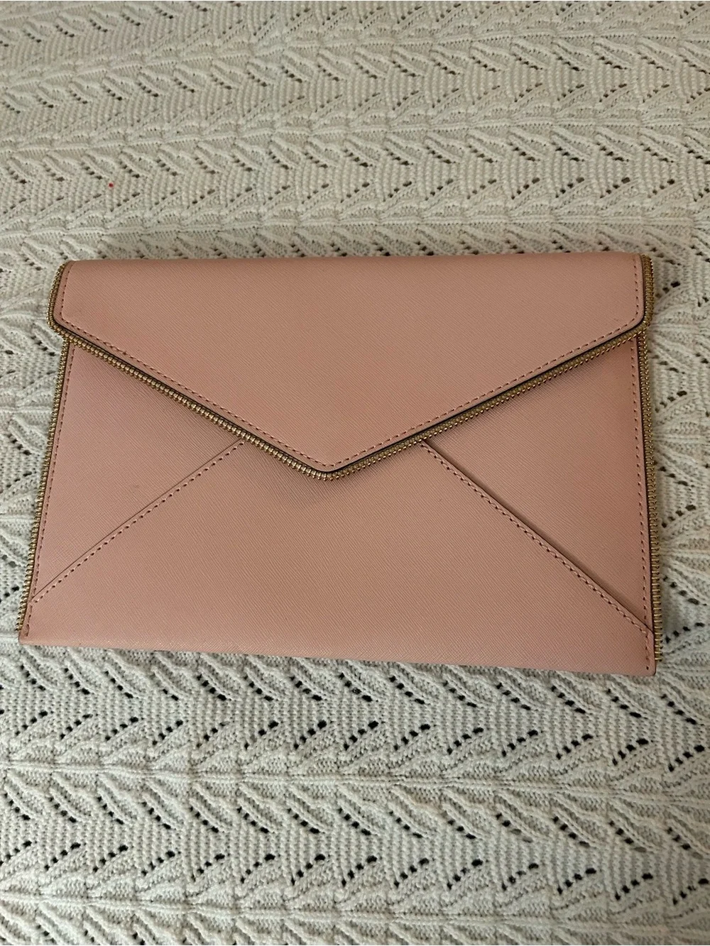 Rebecca Minkoff Pink Saffiano Leather Leo Envelope Clutch Bag - Zipper Accent
